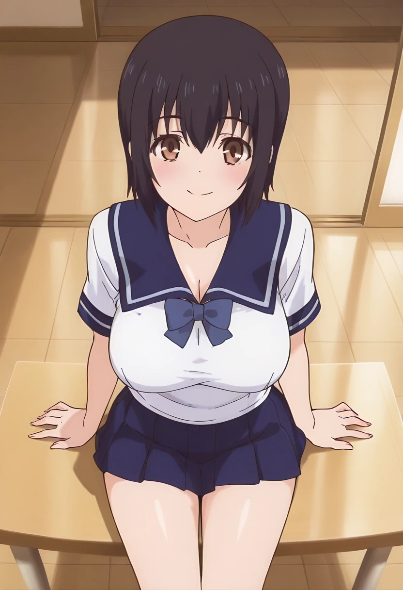 [anime styled],[official art],Tomomi_saikyou,black hair,Short hair,Hair Ribbon,classroom,desk,chair,NSFW,1girl in,(Portrait),close up,short torso,Perfect Lighting,nude,topless,(nipples),,anime screen cap,Flat color,cel shading,smile,, (underwear:1.2), (strong light)、((brighten the subject)),blush,oily skin,curby:1.2,(light white panties),