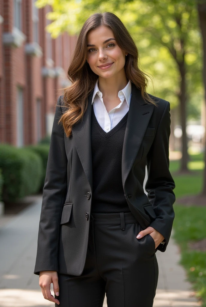 a beautiful picture of fukuharaXL ,woman,detailed skin texture,masterpiece, photorealistic, light, RAW color photo,(fully in frame:1.1), (blush:0.5), (goosebumps:0.5),(((silk skirt suit))), (((three-piece suit))), (((dress shirt))), (((necktie))), (((blazer))), (((suit jacket))), ((waistcoat)), double-breasted waistcoat, (((bodycon miniskirt))), pocket square, cufflinks, tie clip,detailed face,outdoors, (smile:0.5), film grain,cinematic lightning,fujifilm ,detailed eyes,camera