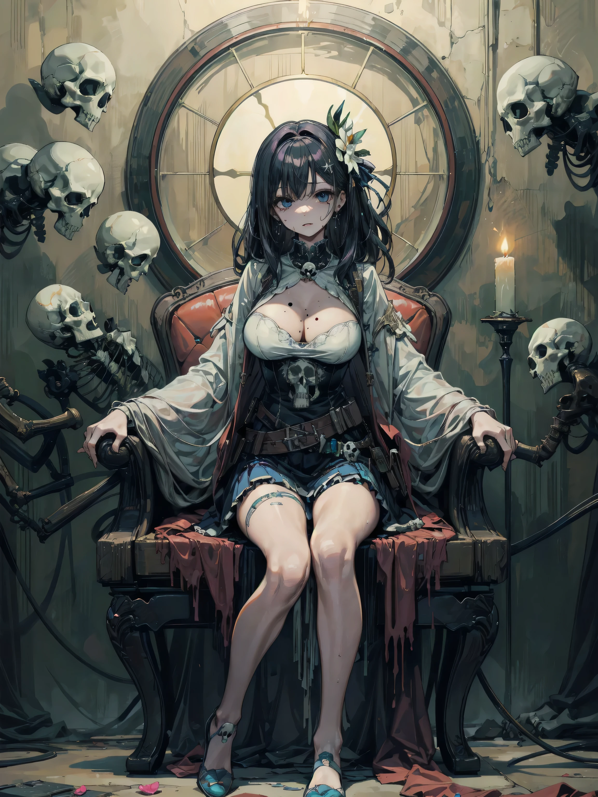 masterpiece, best quality, ultra high res, extremely detailed, award-winning painting, short hair, cult, sitting, skeleton throne, mountain of bones, highly decorated walls, dungeon, torch stand, depth of field, dungeons, black dress, dark theme, visually stunning, beautiful, artistic, golden ring, small breasts, rage, angry, closeup shot
<lora:zhongfenghuaStyle_v10:0.6> zhongfenghua <lora:AstrAnime_RETRO:0.5> 90s (style of Yuko Shimizu:1.2)