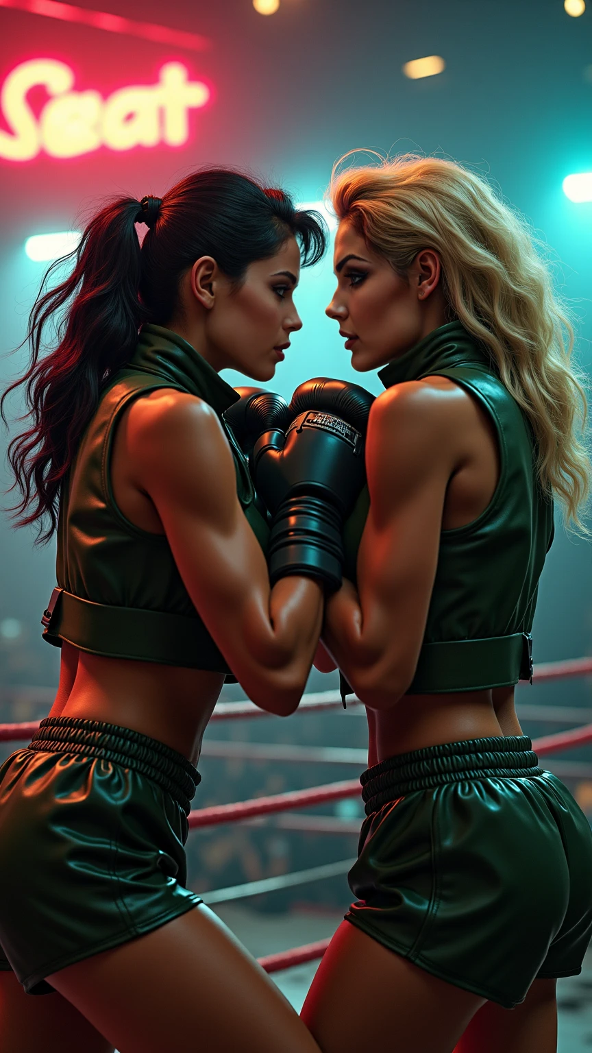 2 women fighting, violent hate-filled boxing match between a mature raven-haired woman and a young sexy blonde girl. (a sexy stunning busty voluptuous mature woman with stylish jet-black hair firm round breasts and a thicc voluptuous hourglass figure with thick thighs) fighting in a violent boxing match against a (tall toned busty young blonde girl with huge massive unnaturally large breasts). Both women are wearing olive green leather army shirts and olive green leather knee-length a-line business skirts, stockings and stiletto-heeled shoes. The two women hate each other and are angry and aggressive. The scene is a boxing match between two female soldiers who hate each other and want to beat each other up. Both women have incredibly huge breasts and are jealous of each other. ((The blonde Erika Eleniak is punching the raven-haired Denise Milani in the breasts)).