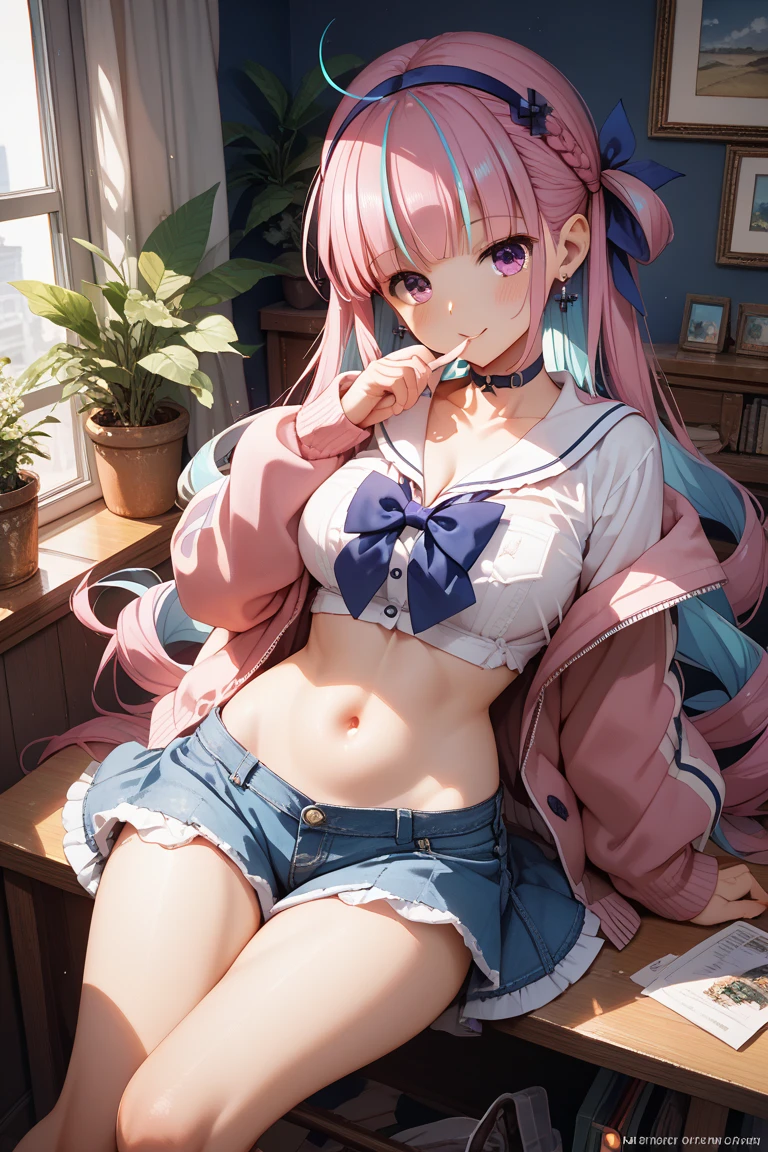 Beautiful illustration、top-quality、Cute little girl s、Bedroom、A pink-haired、length hair、(((Pink pleated skirt)))、(((pink sailor suit)))、shortsleeves、Colossal tits、a navel、Flipping up the skirt with your hands、Show white panties、Pull up your skirt and show your panties、bare-legged、blue eyess、on the beds、lovely thighs、glowing thigh