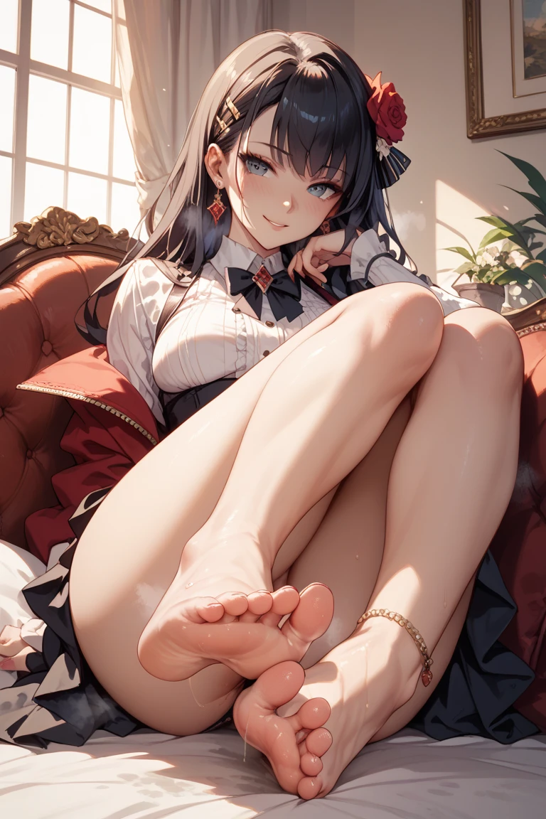 masterpiece, best quality, 1girl, long hair, bored, sitting, feet up, soles, forest 1girl, bangs, choker, necktie, ear piercing, masterpiece, best quality, 1girl, long hair, bored, sitting, feet up, soles, forest <feetPoseAnime_v11:0.6,eyebrows visible through hair, grin, gyaru, jewelry, kogal, long hair, looking at viewer, loose necktie, necktie, piercing, plaid, (比基尼),red eyes, ring, smile, solo, white shirt, 樱花树下,樱花盛开,nsfw,清澈见底湖水旁,金发,渐变头发,皎洁的月光,(美丽的夜晚)粉色乳晕,露出三角内裤,全身湿透,(两侧马尾辫),night(粉发),双马尾