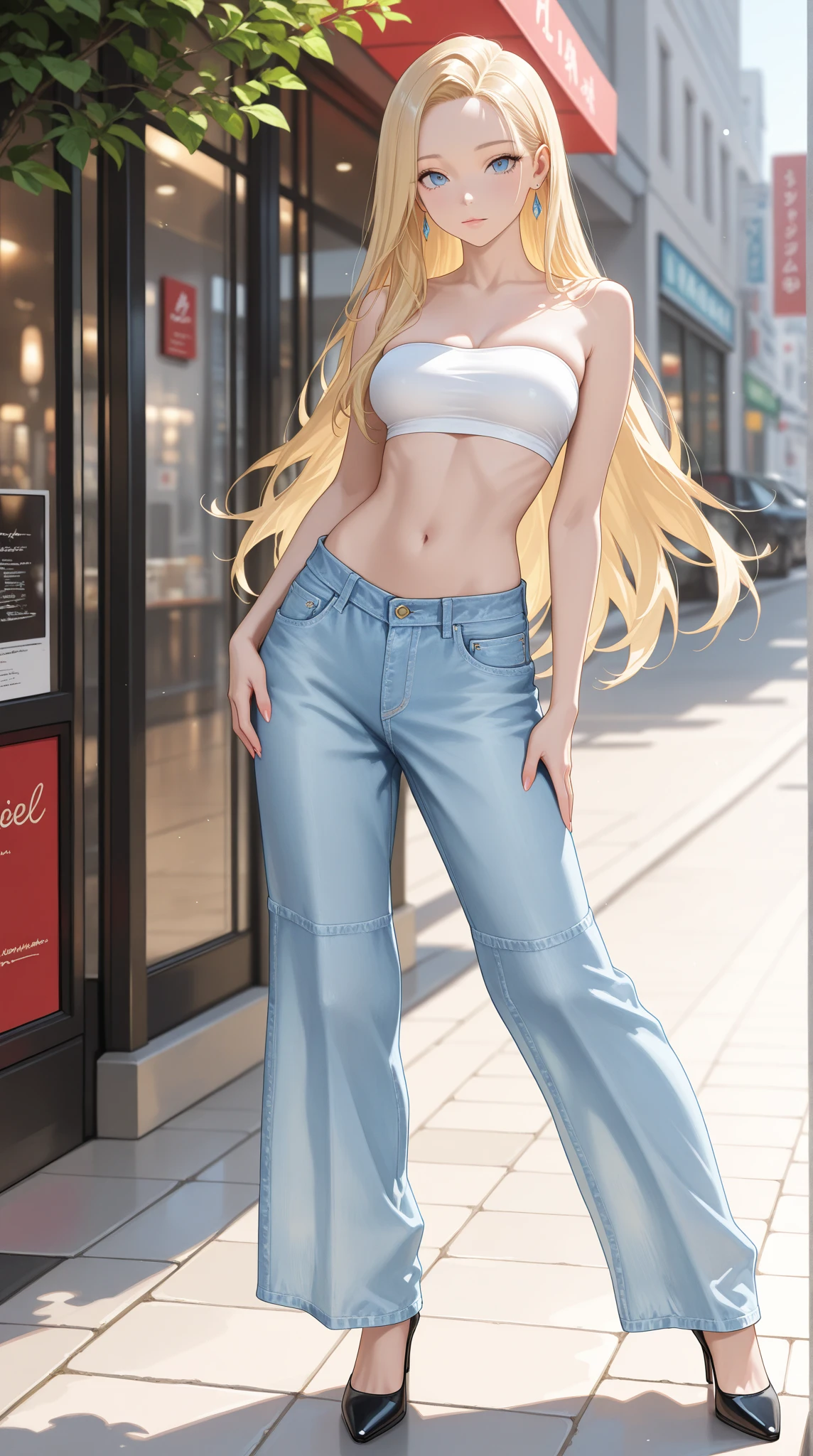 cowboy shot, FlutterShy, 1980s \(style\), 1girl, long blonde hair, retro artstyle, long wavy hair, solo, My little Pony, unbutton_shirt, (natural_breasts:1.2), medium_breasts, cleavage, full body shot, white top, model pose, shoes visible, ass view, face view, multiple views