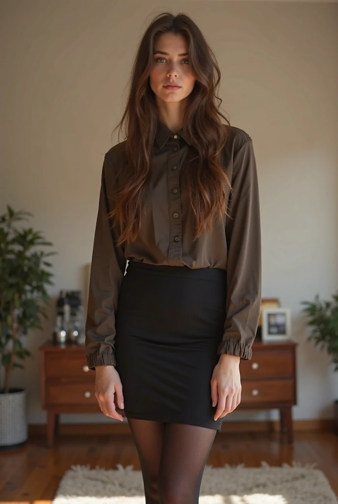 Hot women with ginger hair. Pretty face. Beautiful round brown eyes. Full body picture. Skirt and tight-fitting shirt. Ginger women.