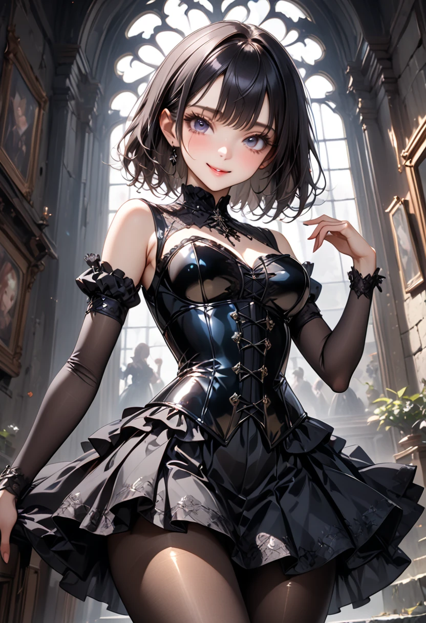 (((Wearing an elegant, shiny gothic dress, corset and skirt, pantyhose))), skinny, solo, 1 woman, Masterpiece, highest quality, highest quality, 16K, incredibly absurd, highly detailed, 2.5D, ai-generated, delicate and dynamic, very delicate facial expressions, delicate eye depiction, erotic, only sexy woman, ((A cute and kind face)), healthy figure, ((25-year-old woman)), 160cm tall, medium firm swaying bust,, blush, Sweat,Embarrassed,sexy, ((thin thighs)), (Erect nipples,:0.5), shiny and lustrous, facing straight at viewer, smile, ((Oily_skin)), ((dutch angle)), ((erotic pose)), Fashion Model poses, Fashion Model style, (Close-up),