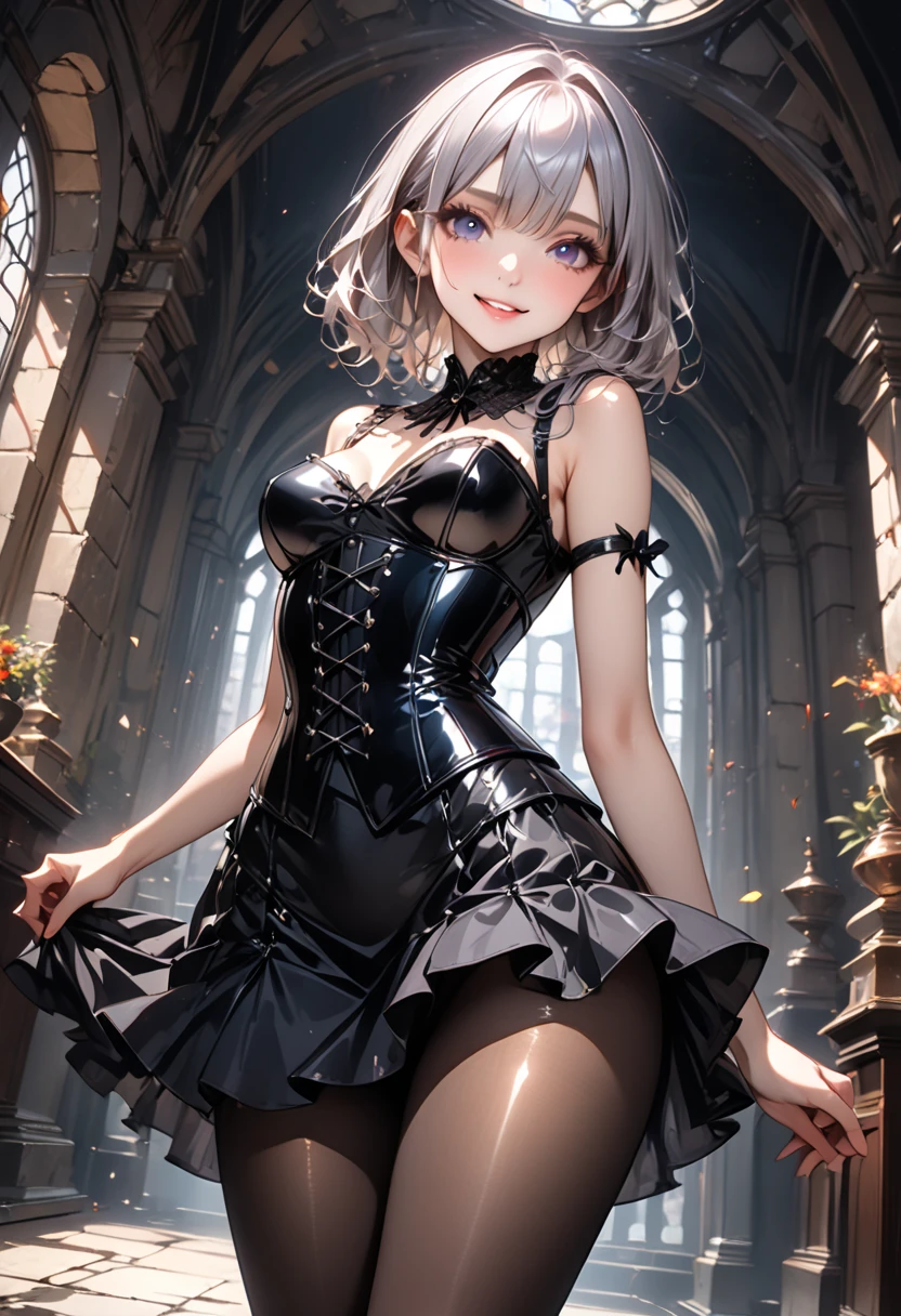  A gothic punk goth girl, perfect face, beautiful Asian woman with long White hair in curls and coils, very cute and           beautiful girl, (highly detailed beautiful face), high detailed fingers, (Blood Red corset) detailed face, curled white hair
]cowboy shot, looking at viewer, Standing, white panties. intricate details, cinematic scene, detailed background, solo, dynamic angle,  ((beautiful big blue eyes looking down at the viewer, black shiny lipstick, perfect Asian goth cyber makeup)) double d breast, detailed cute face, white hair, gothic punk fashion, highly detailed gothic fashion, short skirt, heavy make up,),(dark black lipstick), size, Backlight effect, lens flare, depth of fields, blurry background, Detailedface,1 girl, Detailed eyes, ,(thigh up shot image :1.5), Black gloves, climbing stairs, looking back over her shoulder