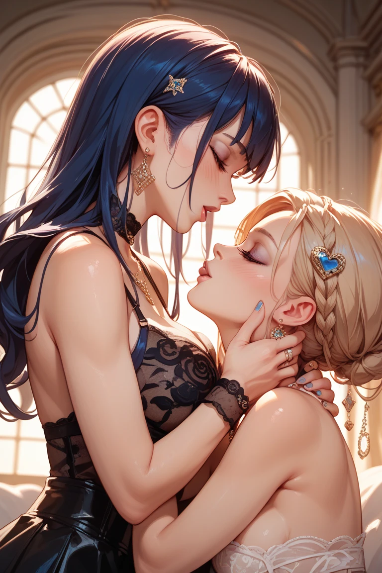 8K, masterpiece, one yellow hair and one purple hair, pushed down on bed, romanticism, lesbian kiss, lesbian hug, kiss each other, bride, kiss together, hug each other, kiss together perfectly, cutely, goddess, two beautiful women in love