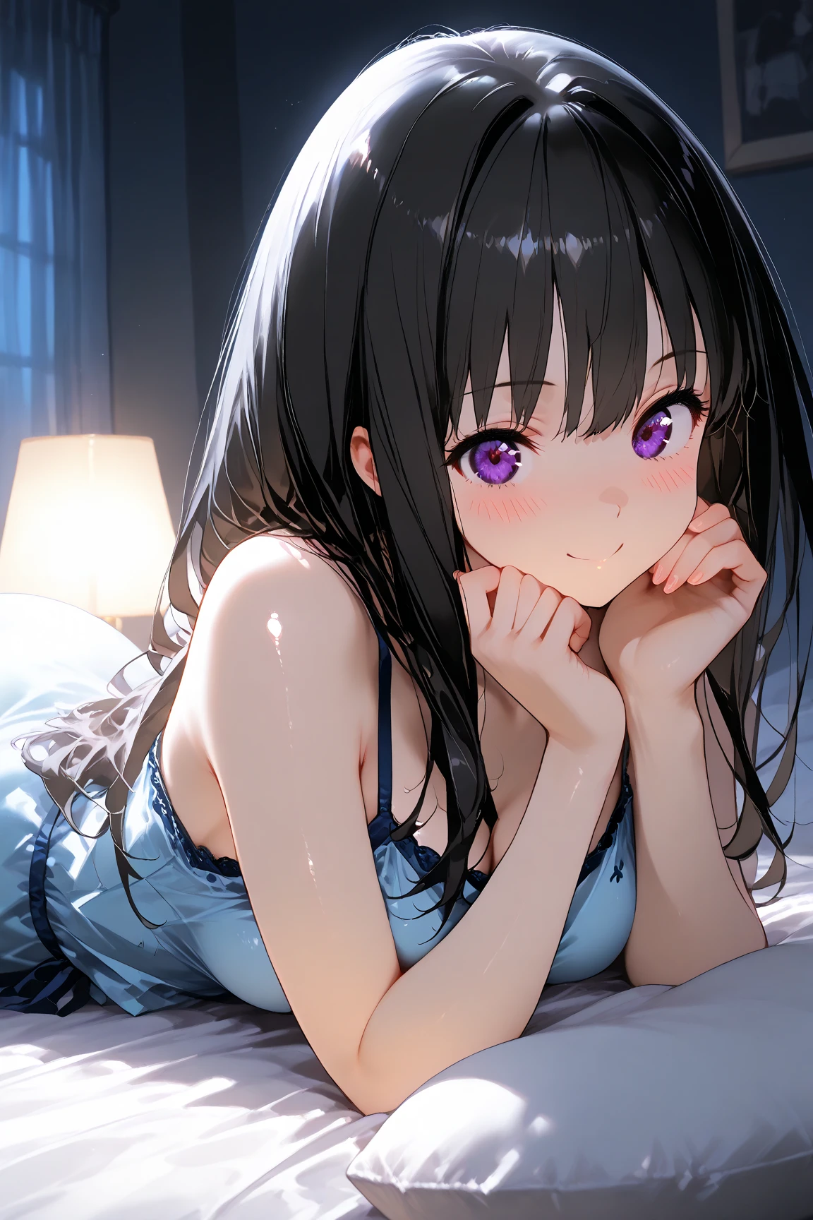 front view,looking at viewer, looking ahead,from above,cowboy shot,1girl,Beautiful 11 year old girl,Japanese,Slender,,low length,Small breasts,Thin legs,Small Ass,Baby Face,Small face,Black Hair,Row Twin Tails,Gray Eyes,Drooping eyes,middle School girls,A see-through black and purple negligee,Sexy Lingerie,open mouth,tongue out,front face,Kneeling,Put your chin forward,Beautiful and detailed anime art,Desire expression,Sexy vibe,cum on tongue,Dimly lit room,On the bed,Simple Background,Gray background,Pink lighting,paw pose