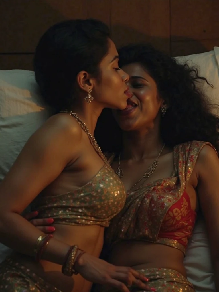 ((best quality)), ((masterpiece)), (detailed), several indian beautiful lesbian women desperately and passionately kissing each other on lips, facing each other, wearing shining party dress holding each other close, standing in corporate office, ultra smooth image, realistic photo, red lips, ((smooth skin texture)), hyper realistic, 8k photo, Cinematic film still, shot on v-raptor XL, film grain, vignette, color graded, post-processed, cinematic lighting, 35mm film, live-action, best quality, atmospheric, a masterpiece
