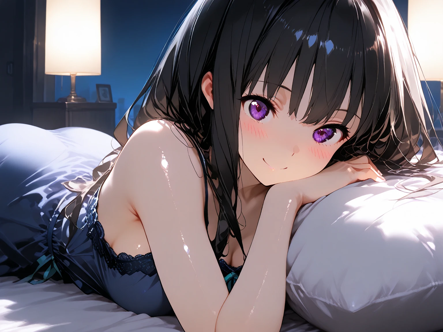 all fours, large breast, focus breasts, (show pink bra:1.2) , pink lace bra,navel、Upper Body, Realistic, real person, (pale skin: 1.2), RAW photo, photorealistic, portrait photography, shiny skin, japanese idol、shiny hair、(25 year old woman with straight medium hair with bangs) and (black hair) and (purple eyes) , (embarrassed:1.2), smile, The background is the living room、Alone、