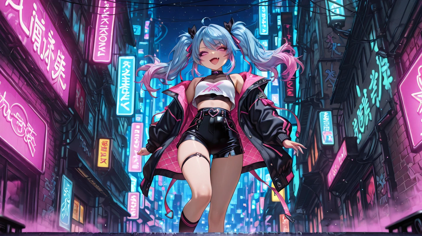 Anime Kawaii sexy Perfect Slim sensual body large breast and huge thighs, An intricate and highly detailed illustration of anime (Young girl) NSFW,Big perfect breasts ((Space Punk Girl)),(((1 girl))),((beautiful Girl)), ((Saggy breasts)), ((Gray Hair, Dirty black hair, Inner hair color)), Long Hair , Amazingly long and voluminous hair, ((intricately cut hair)), (((Neon pink eyes: 1.4))), beautiful detailed eyes, Very sexy body, ((((Short sweatshirt, Short sweatshirt, Complex sweatshirts)) )) Flowing Cyberpunk Skirt, Revealing clothing, Show some skin, ((((Well good)))),((Cleavage))(((Cyberpunk Clothing, Complex clothing, Complex clothing))) (((Light Skin: 1, 5, Sunburned skin, Glowing Skin) )), ((Firm Abdomen)), Wide Hips, Moving objects, Sexy Legs, Detailed body, ((Detailed face)), (Graffiti on clothes), (Half naked, dress up a little, barefoot) ((Sexy pose)), alone, Embarrassing, High resolution, Sharp focus, (Very detailedな, Very detailed), (Perfect art) (Very detailed), (((Bright colors))), (Background Complex), (Tabletop), (Highest quality), Synthwave Neon Colors, (((beautiful, Conclusion, attractive, erotic))), (((Browsing Caution))), Cyberpunk seaside town at night, Puddle with bright and dark storm clouds and neon sign, scenery: 1 , 30,