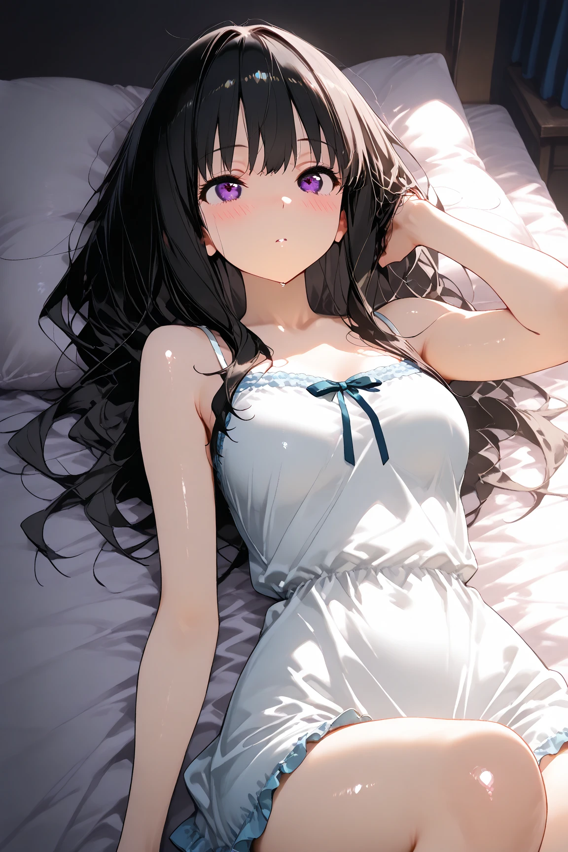 (solo:1.3), (masterpiece:1.3), (best quality:1.3), (ultra detailed:1.3),(extremely detailed CG :1.2), high resolution, 8K, (super detailed skin:1.2), (detailed beautiful eyes:1.2), (perfect anatomy:1.3), (perfect eyes:1.3), inoue takina, takina def, long hair, black hair, purple eyes, big eyes, round eyes, tareme, camisole pajama set, shiny skin, lying, nfsw, medium breasts, sleepy, blush, on bed, (dark room:1.3), night