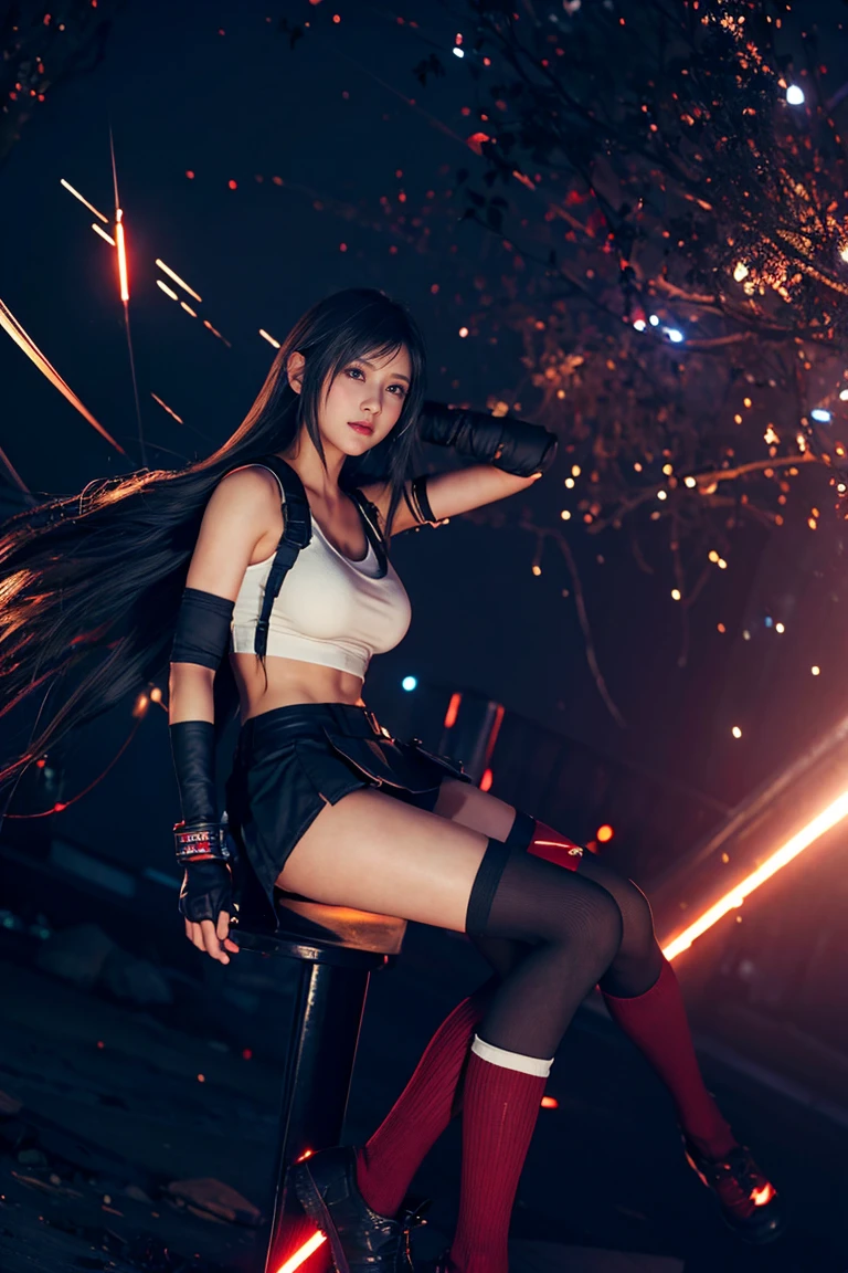  ((Master quality, 8K, masterpiece:1.3, ultra-detailed, high resolution, RAW Photos, detailed , blurry, Actual, hyper realistic, photo, HDR)), BREAK, perfect anatomy, perfect hands, perfect legs, perfect feet, detailed eyes, BREAK, One person alone, ff7r style, tifa lockhart,, beautiful face, beautiful detailed eyes, (dynamic posing ), long hair, ( Round and Stacked  ), Cleavagwaist, seductive  smile:1.5, Sweat-soaked skin, BREAK, wearing( ), , Graffiti art, BREAK, ( Random Angle, full-body, ), dynamic angle, , background(Realistic , cinematic lighting, depth of field, night , the full moon,, cyberpunk city atmosphere light particles, , )