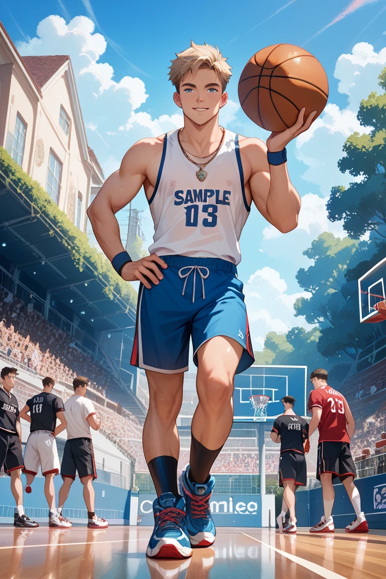 He is a teenager with a man's body made of straight blonde hair and his haircut is swept to the side and is more charming for women., piercing gaze and the color of his blue eyes picina, with an athletic body and impeccable posture and wears a uniform with red and white on the team jacket and an acronym of the school name which is P for team like the United States. Show me in a more realistic way.