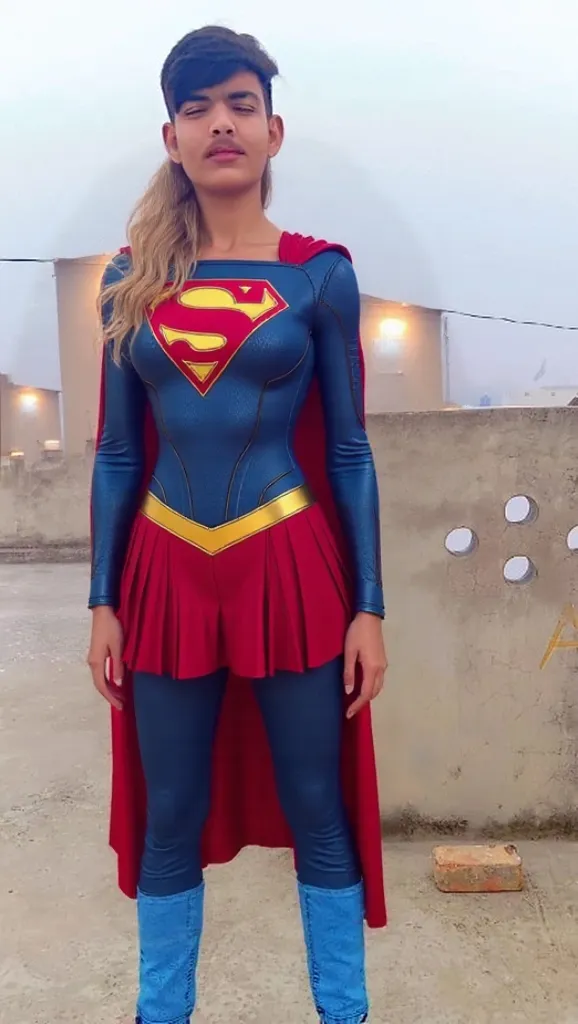 (masterpiece), petite white girl wearing super girl costume, perky tits, facing camera, blue top, short red skirt, super girl, cum facial
