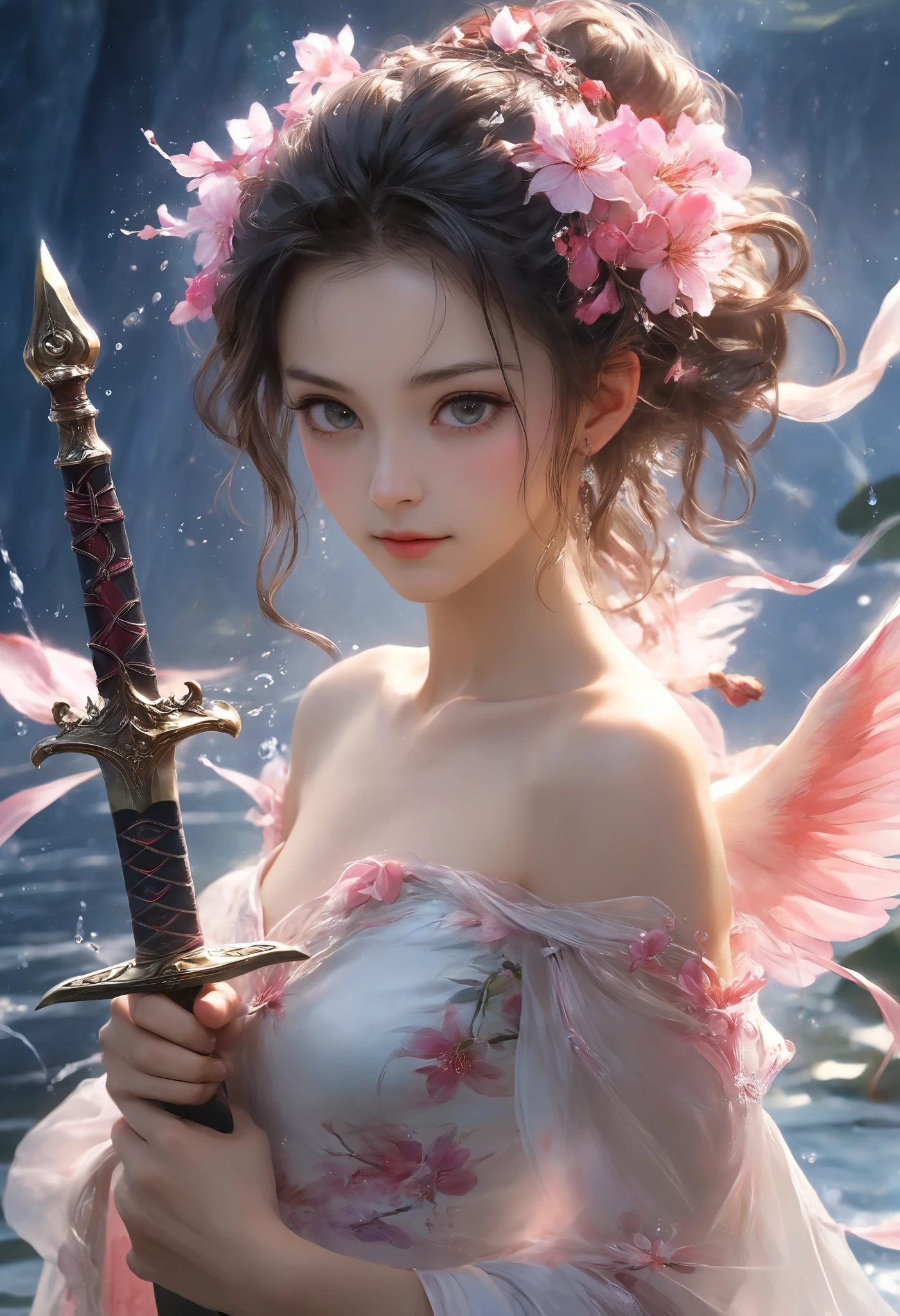 Classic painting, like 18 century drawing, chiaroscuro, (Hoshimi Miyabi from Zenless Zone Zero), gentle beautiful woman, in mystic sakura garden near the lake, messy hair, fighting with a long two-handed sword, no makeup, cute detailed face, beautiful eyes, perfect bright eyes, full body, dinamic pose, in battle, full nude, perfect anatomy, high quality, magical aesthetic, fantasy aura, moonlight, elegant, approaching perfection, blured background of mystical night, water splashes, bare sleeves, bare shoulders, small breasts
