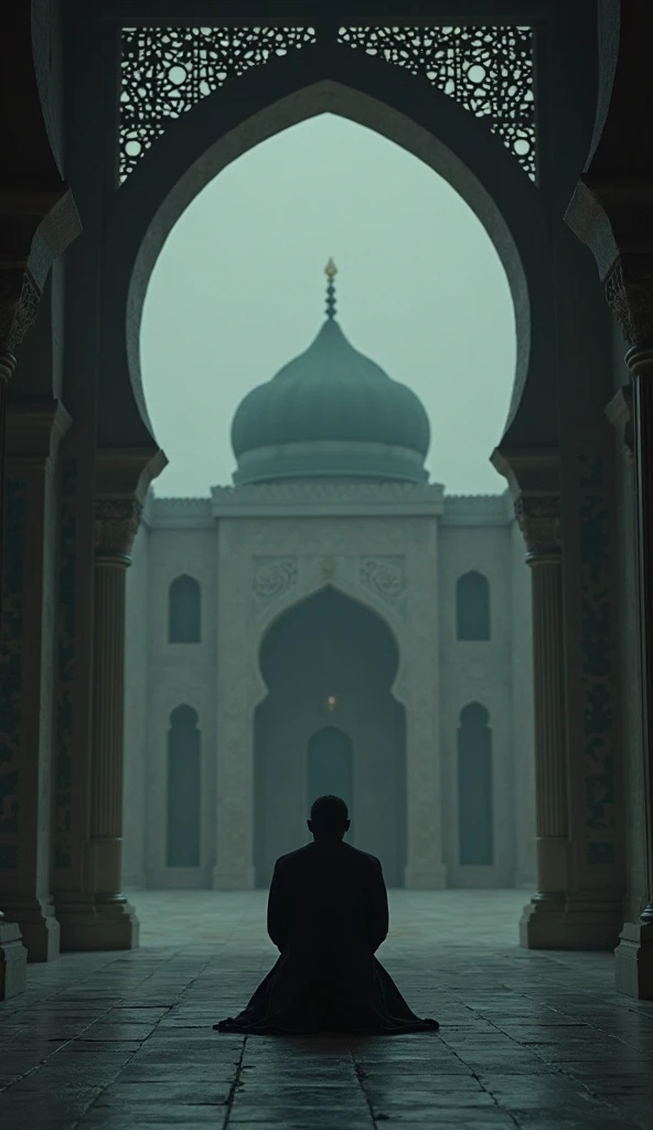 (Horror story title: Forbidden secret in the mosque dome)
Scene 2: Ustaz Malik is restless
- Ustaz Malik stood near the mosque, looking at the dome with an anxious and afraid expression. In the distance, the Maghrib call to prayer sounded, and Ustaz Malik looked increasingly anxious.