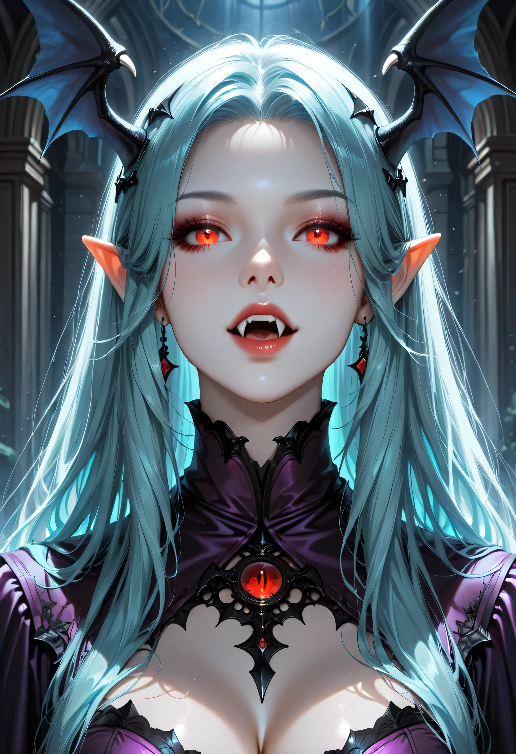 Fantasy Undersea,Shark Elf Girl,blue eyes,Sharp Fangs,Shark fin feature on back,look back,Blood stains at the corners of mouth,fierce,Gothic Art,Dark Wind