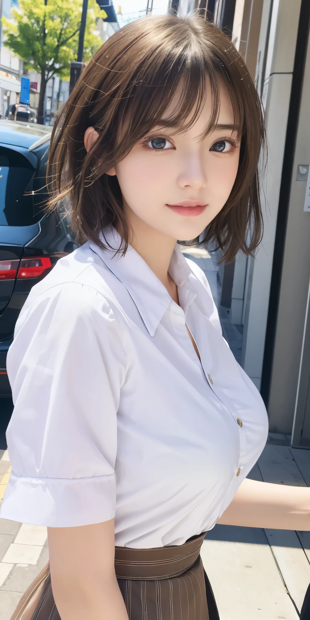 Collared shirt, Open shirt, Best Quality, Photorealistic, 8K, High Definition, 1 girl, Female, (Middle breast: 1.8), Hospital, Hospital teacher, Doctor woman, White coat, No panties, Skirt pulled up, Full body, toes, slightly short hairstyle, Stockings, Diagonal angle, Unbuttoned shirt, Chest open, Slouch, Leaning forward pose
