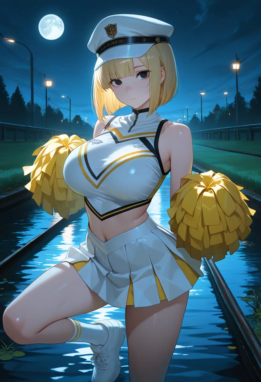 Anime illustration、highest quality、Idol、Kagamine Rin、Sing and dance、Night Show、Illuminated by spotlights、colorful psyllium、Perfect proportions、Live music on the stadium stage、overwhelmingly big breasts、Beautiful, shining eyes、Cowboy Shot、smile、Excessive sweating、Noise Reduction