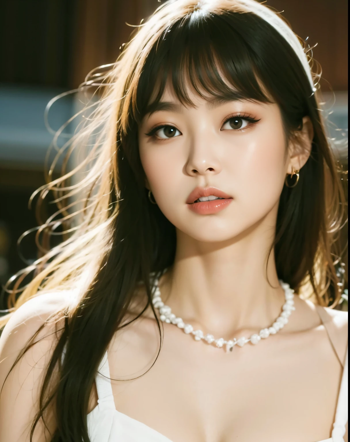 um close up de uma mulher com cabelos longos usando um vestido branco, Lalisa Manobal, Lalisa Manoban do Blackpink, jennie blackpink, penteado com corte hime branco, franja branca, com franja, jossi do blackpink, o corte Hime, she has black hair com franja, com franja completa, estacionar a partir de-min, a young Asian woman