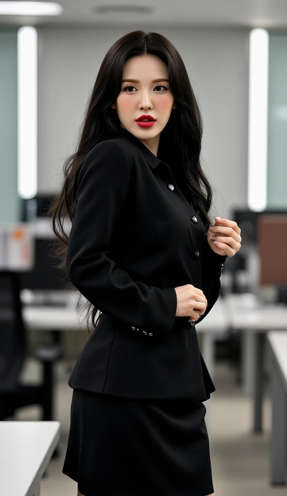 mujer jirafa con una camisa negra y corbata , ((blue eyes)), cruel chica gótica coreana, uniforme jk, fotografía de una mujer con ropa tecnológica, vistiendo un traje de negocios estricto, usando una camisa con corbata, ropa punk gotica, chica de traje, Traje de negocios, Toda la ropa negra cyberpunk., chica con traje, ropa de oficina, andrógino, como miércoles addamsXision Wu, jisoo from blackpink, popular south korean makeup, quality detailed ,(beautiful makeup :1.2), Wide hips, big, big ass, (best quality, 8K, masterpiece: 1.3), Clear focus: 1.2, Perfect body beauty: 1.4, strong abs, Very detailed face and skin texture. , detailed eyes, double eyelids, (long hair), having very marked curves, with greater volume in ((hips and breasts)), which makes the waist look much smaller ((wasp waist)).
