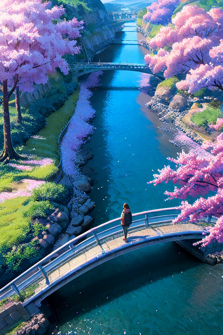 score_9, score_8_up, score_7_up, UHD, Masterpiece, amazing quality, very aesthetic, absurdres, ultra-detailed, makoto shinkai, sunny, colorful, semi realistic, cherry blossom, river, bridge, dynamic angle:1.5, panorama:1.2, cinematic:1.3