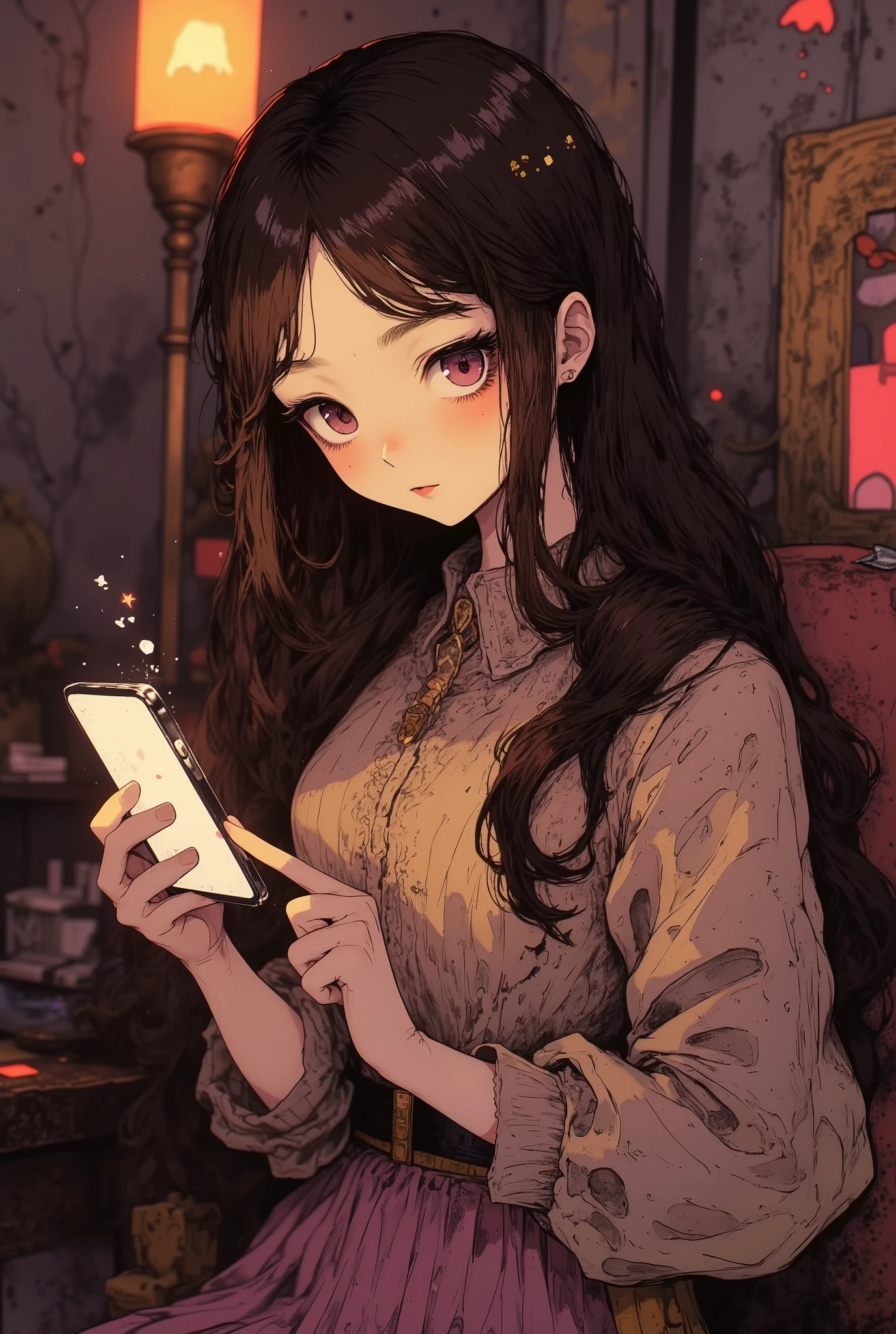 ((1girl)), high quality, High Definition model, high detail, High contrast, (((The textures are soft))), ((matte and toy-like with a handmade premium look)), (((Tim Burton style))), anime style, simple lines, (intricate details:1.1), (masterpiece:1.3), dynamic angle, dynamic pose, best quality, depth of field, cinematic lighting, ultra detailed, brown long hair, very straight hair, large breast, tanktop, cute, kawaii, smile, droopy eyes, arms at sides, smartphone, Pointing the smartphone screen,