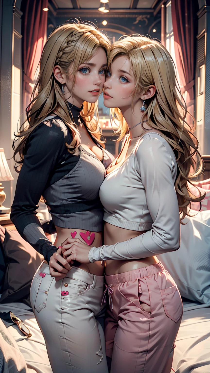 masterpiece, best quality, highres, Ann Takamaki, 1girl, blonde hair, long hair, twin tails. Blue eyes, jewelry, earrings, piercing, unbuttoned white shirt, open shirt. partial nudity, massive breasts. nipples. no bra. black choker, blue necktie, no skirt smile, standing, cowboy shot, outdoors. Lesbian. Kissing. breasts pressed together. bodies touching.