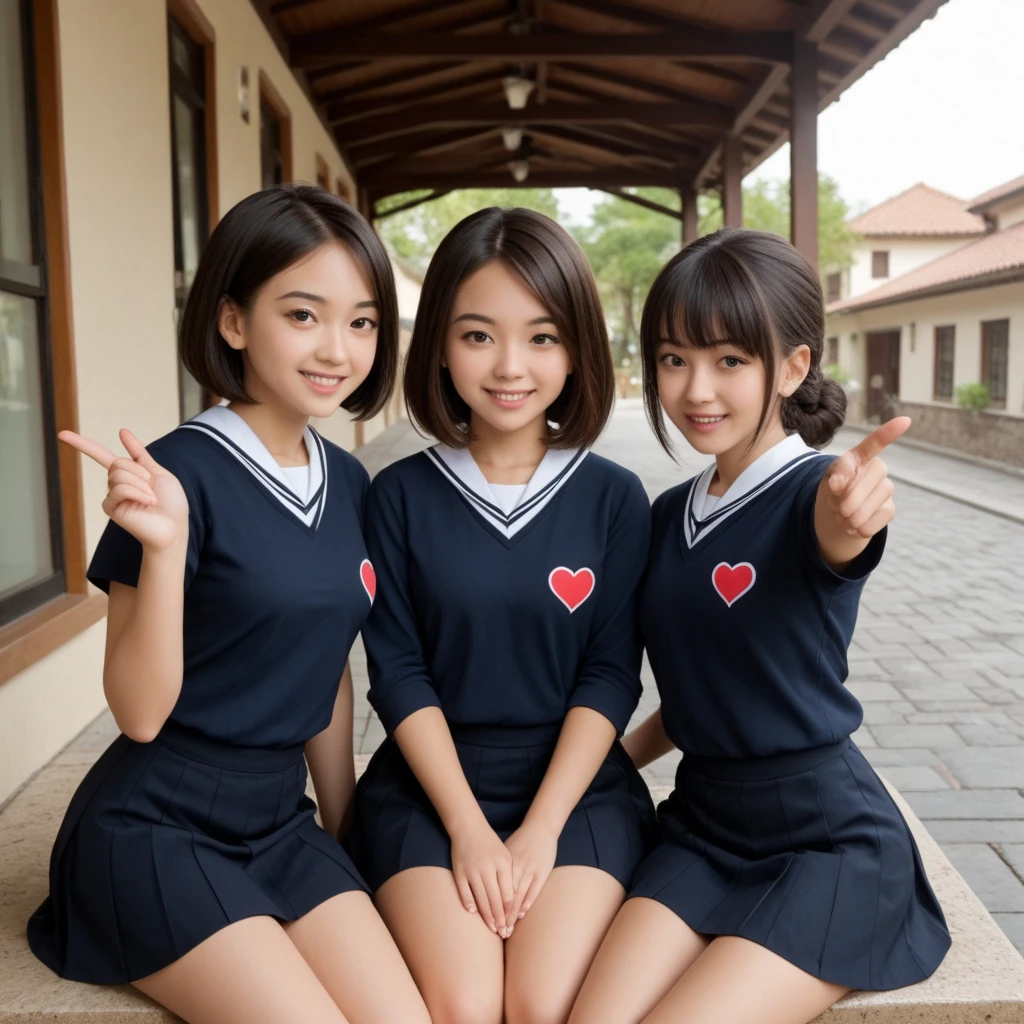 2 girls, Yuri, Kiss, (black hair), shorthair, sailor suit, hug, miniskirt,