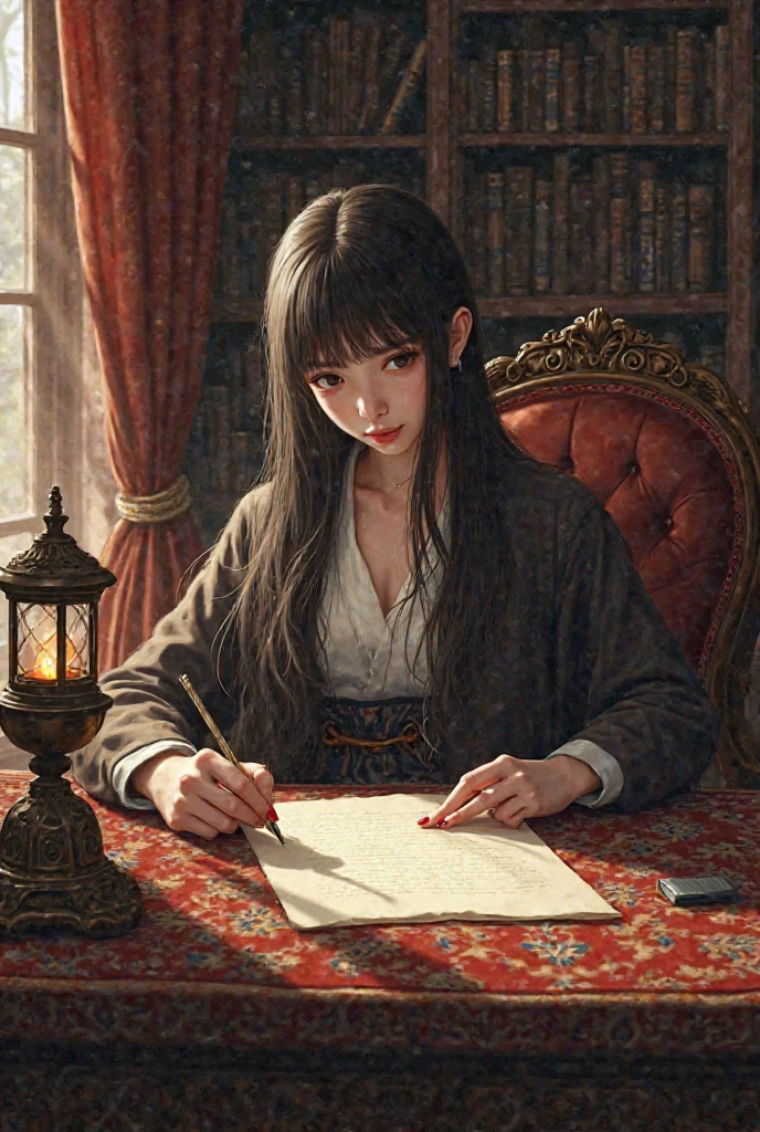(Masterpiece, Best Quality, Ultra High Resolution): 0.7, Two-dimensional, Boy's Courtyard, Extremely Serious Expression, Feather Cape, (Black Antique Costume: 1.2), Snow and Rain, Sitting in the Room, Hanging Plum Blossom Painting, Pen and Ink Plum Blossom Table, (More Interior Details), Antiquity, Dust-free, (Brand New Parchment: 1.3) Framed (Embedding Tag), Steady, Restrained. --auto --s2
