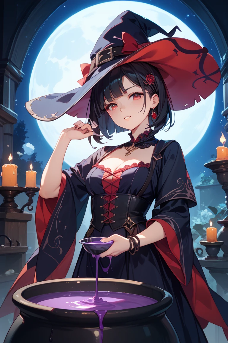 Detailed textures, high quality, high resolution, high accuracy, realism, color correction, correct lighting settings, harmonious composition. the cover of the art book "Harlequin dreamer" in a witch cat costume on a futuristic background, 1 girl, chest, witch hat, hat, red dress, cat ears, smile, parted lips, jewelry, earrings, solo, neckline, gemstone, holds in her hands, looks at the viewer, long sleeves, black hair, standing by the cauldron, neon slush, witch, Artoria Custer (third ascension), Magic circle, Circle Mantra, magic, white hell