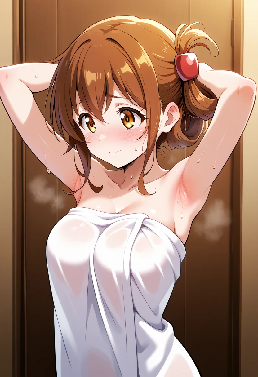 masterpiece, best quality, highres, ochako uraraka, solo, ((cowboy shot)), detiled eyes, big , (in a classroom), ((cleavage)), white shirt, nipples, downblouse, bangs