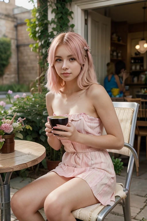 (realistic、High resolution:1.3)、Just one girl with a perfect figure、super thin face and eyes、pink hair、naked、at the cafe、coffee on the table、naked