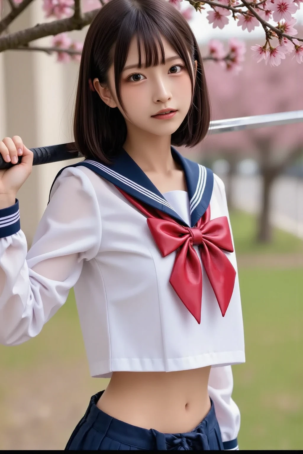 highest quality,Photo quality,Ultra-high resolution,Professional Lighting,15 years old,Beautiful actress,Pretty face,Healthy Skin,Japanese,Black Hair,(Short bangs),In the city、Short Bob Cut,(Sailor suit:1.3),Natural Makeup,(belly button),Tight waist,mini skirt、(Dynamic Movement)、(Dynamic Movement)
