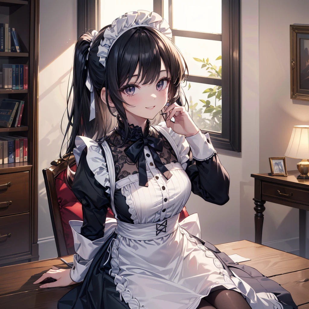 1girl, crotch rub, table humping, dress, looking at viewer, smile, maid,, masterpiece, best quality, highly detailed