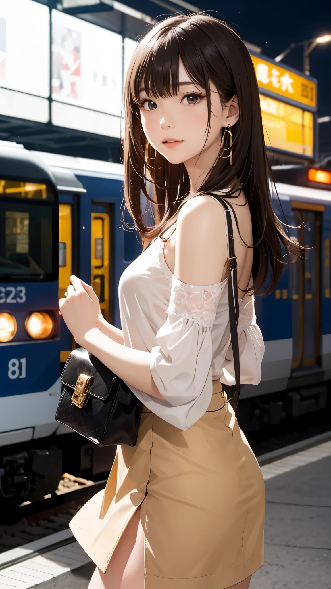 A 24-year-old elegant Japanese woman standing near a city train station at night.
She has slightly wavy semi-long light brown hair with one side pinned back, revealing her neck.
She wears a flowing white blouse and a knee-length greige tight skirt with a subtle slit.
She carries a small, neutral-toned shoulder bag and wears beige pointed-toe heels.
She has a warm and composed expression, gold earrings, and gives off a classy, mature vibe.
Urban background with blurred lights, subtle romantic feel.