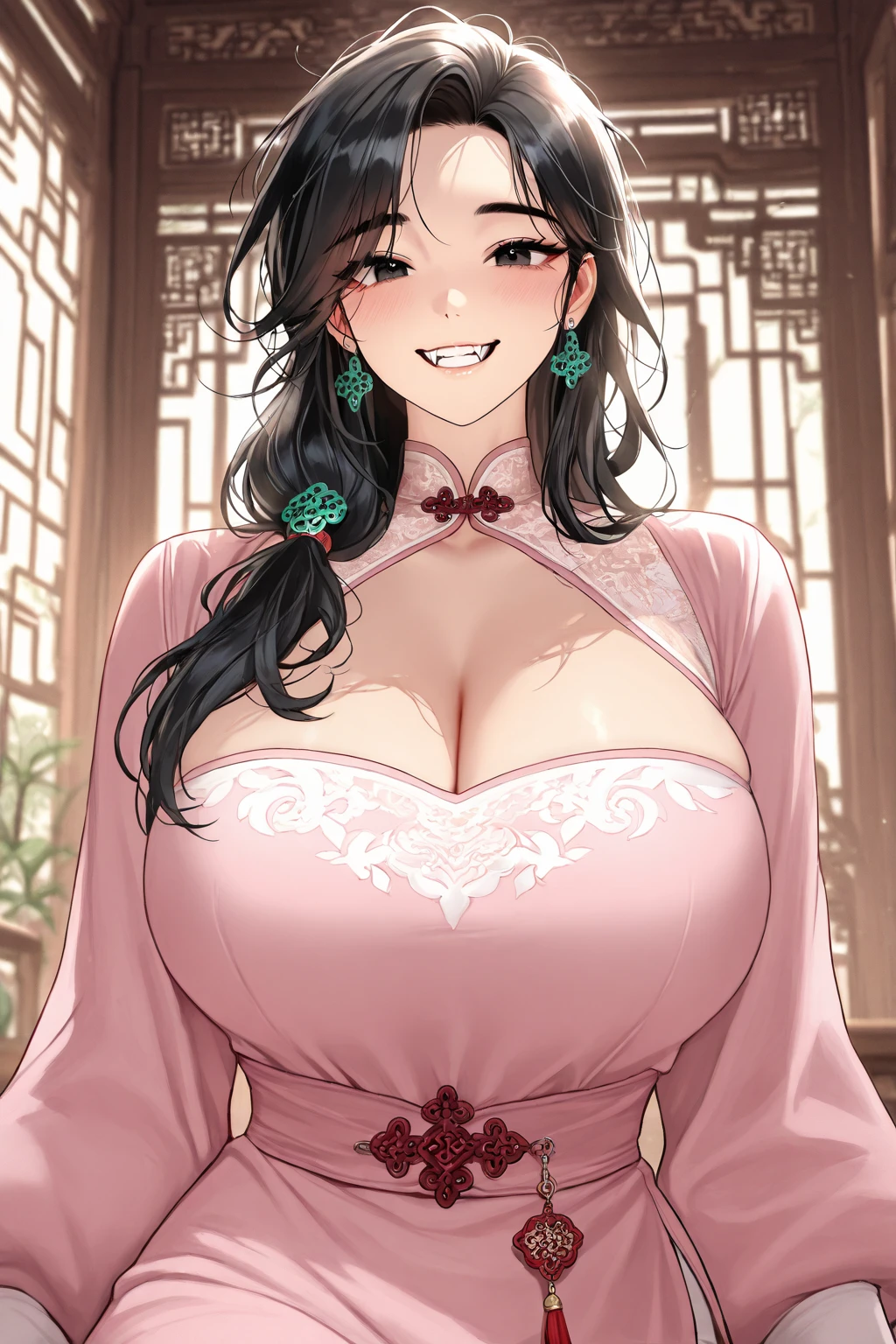 masterpiece, ((ultra detailed background, delicate pattern, intricate detail)), (highly detailed, fine details), best quality, beautiful lighting, (gigantic breasts)), NicoRobinV2, 1girl, black hair, long hair, solo, medium breasts, (smile), blue eyes, cleavage, closed mouth, hair slicked back, jewelry, collarbone, (chinese dress), (complex detailed background, inside, luxury office), curvy, cowboy shot