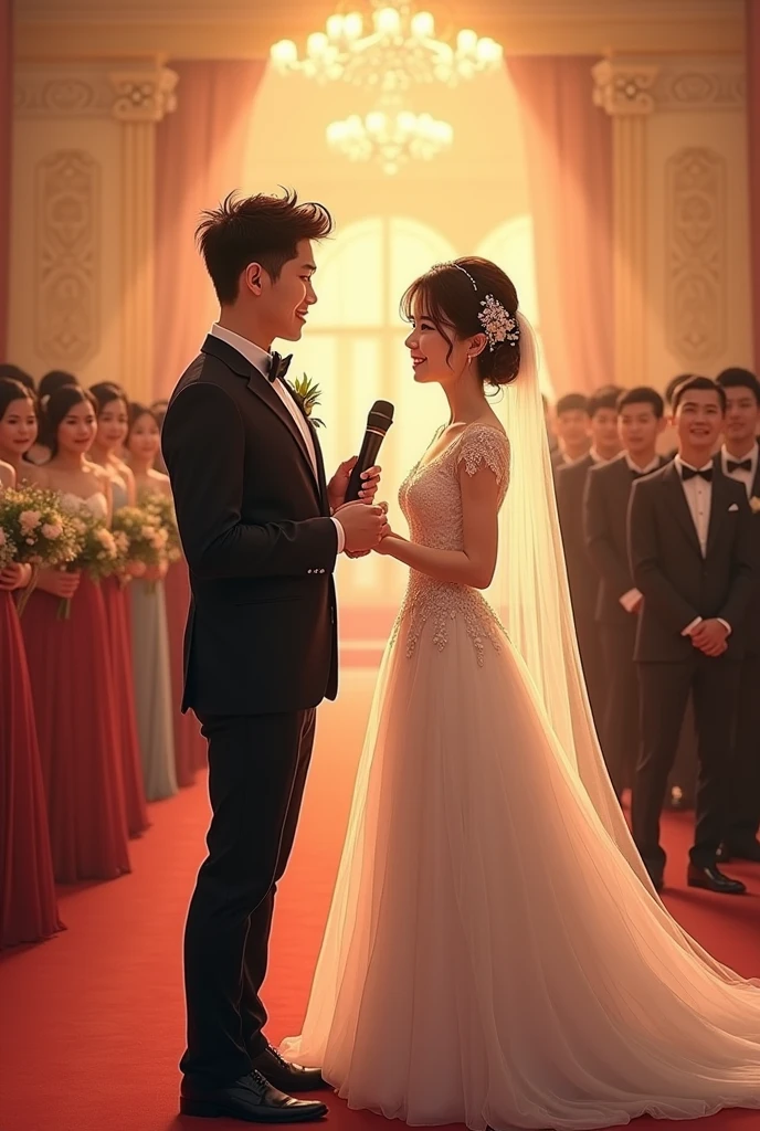 bride and groom standing in front of a crowd of people, bride and groom, wedding photo, an ultra realistic, stylized, captured on canon eos r 6, shot with canon eoa 6 d mark ii, wedding, taken with canon 5d mk4, cinematic realistic photo, realistic scene, a hyper realistic, true realistic image, luxurious wedding