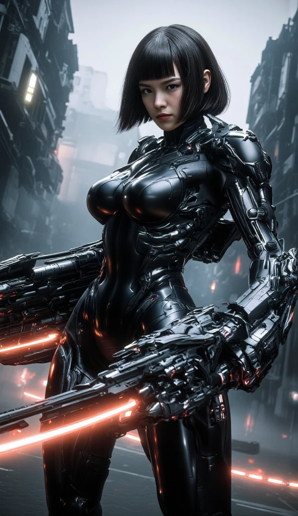 (best quality,4k,8k,highres,masterpiece:1.2),ultra-detailed,(realistic,photorealistic,photo-realistic:1.37),cyborg woman,short hair,robotic eye,charismatic,simple post-apocalyptic background,metallic skin,technological enhancements,alluring gaze,bionic arm,mysterious aura,muted colors,eerie atmosphere,haunting beauty,dystopian setting,scattered debris,abandoned buildings,dark shadows,emerging from the ruins,cybernetic enhancements,sinister vibe,glowing neon lights,sharp focus,intense stare,mechanical body parts,integrated circuitry,glimmering reflections,seductive pose,intense energy,dual personality,ominous sky,subtle promise of danger,post-industrial decay,blending with the machine,futuristic yet decaying,unleashing hidden power,transformed by technology,lost humanity,striking contrast,desolate landscape.
