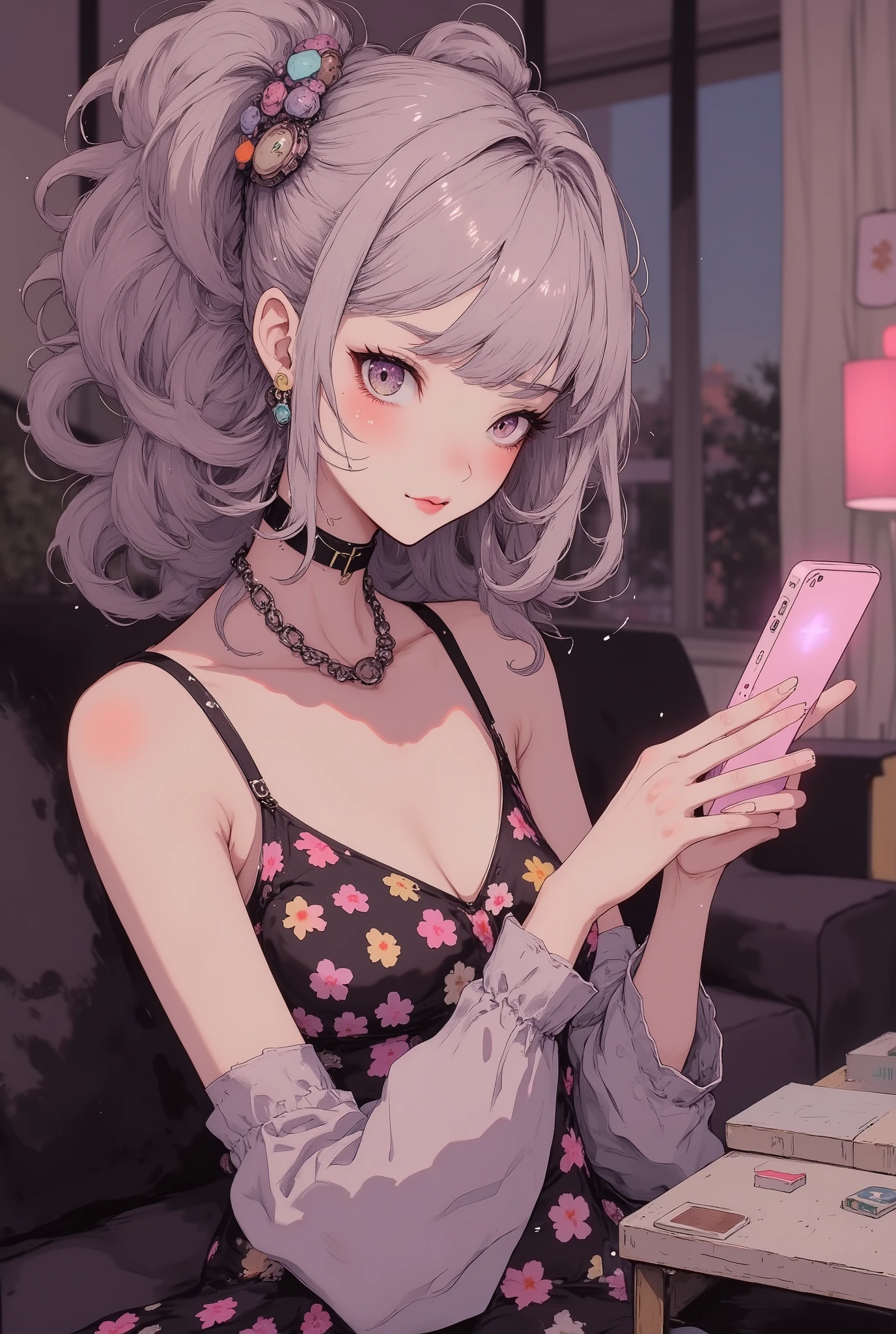 high quality, High Definition model, high detail, High contrast, (((The textures are soft))), ((matte and toy-like with a handmade premium look)), (((Tim Burton style))), beautiful woman, anime style, simple lines, (intricate details:1.1), (masterpiece:1.3), dynamic angle, dynamic pose, best quality, depth of field, cinematic lighting, ultra detailed, ((soft silver low ponytail hair)), large breast, tank top, cute, kawaii, smile, arms at sides, smartphone, Pointing the smartphone screen, (intricate details : 1.1), beautiful detailed, beautiful hair, 1 girl with opening mouth, ((Pupil details, sparkling eyes)), thick lips, open mouth, profile, (((side view))), from side, japanese, blush, ((five fingers)), ((Pupil details)), (Anatomically correct), modern living room,