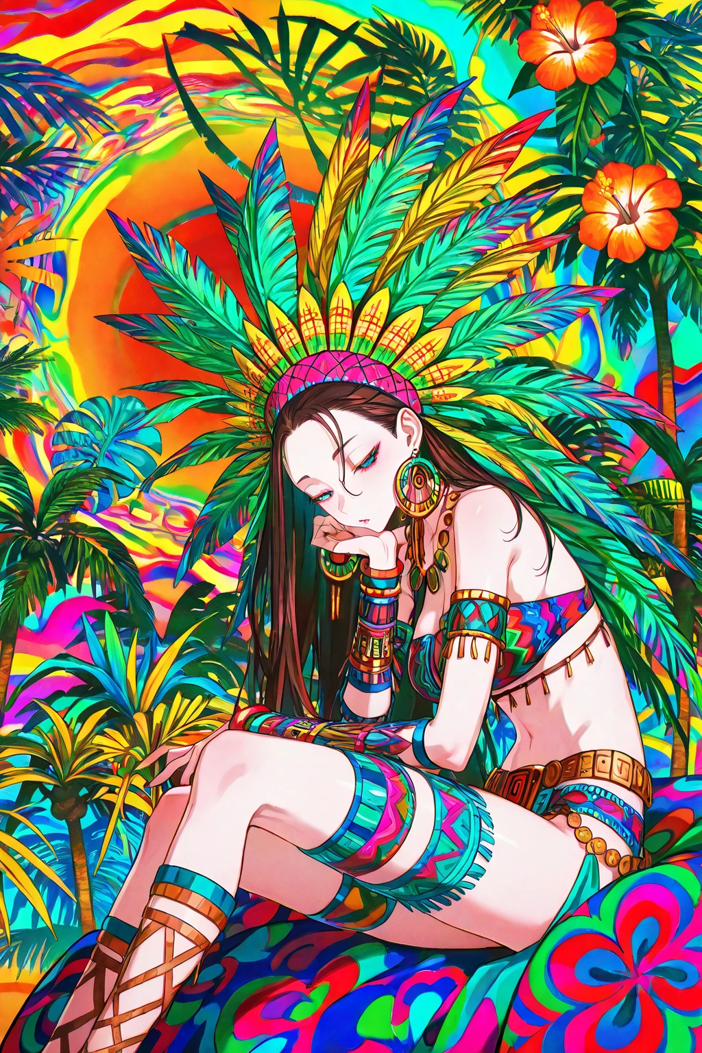 "Generate a seamless pattern that fuses the rich
Polynesian heritage with an energetic 80s aesthetic. Blend traditional Polynesian motifs like tribal patterns and Tiki elements with bold geometric shapes, such as triangles and zigzags.
Integrate vibrant Aloha flowers into the design, using a color palette that combines earthy tones with 80s neons like Royal blue and white. This pattern should harmoniously unite the cultural depth of Polynesia with the vibrant and dynamic style of the 1980s, resulting in a visually striking and nostalgic pattern." gold black