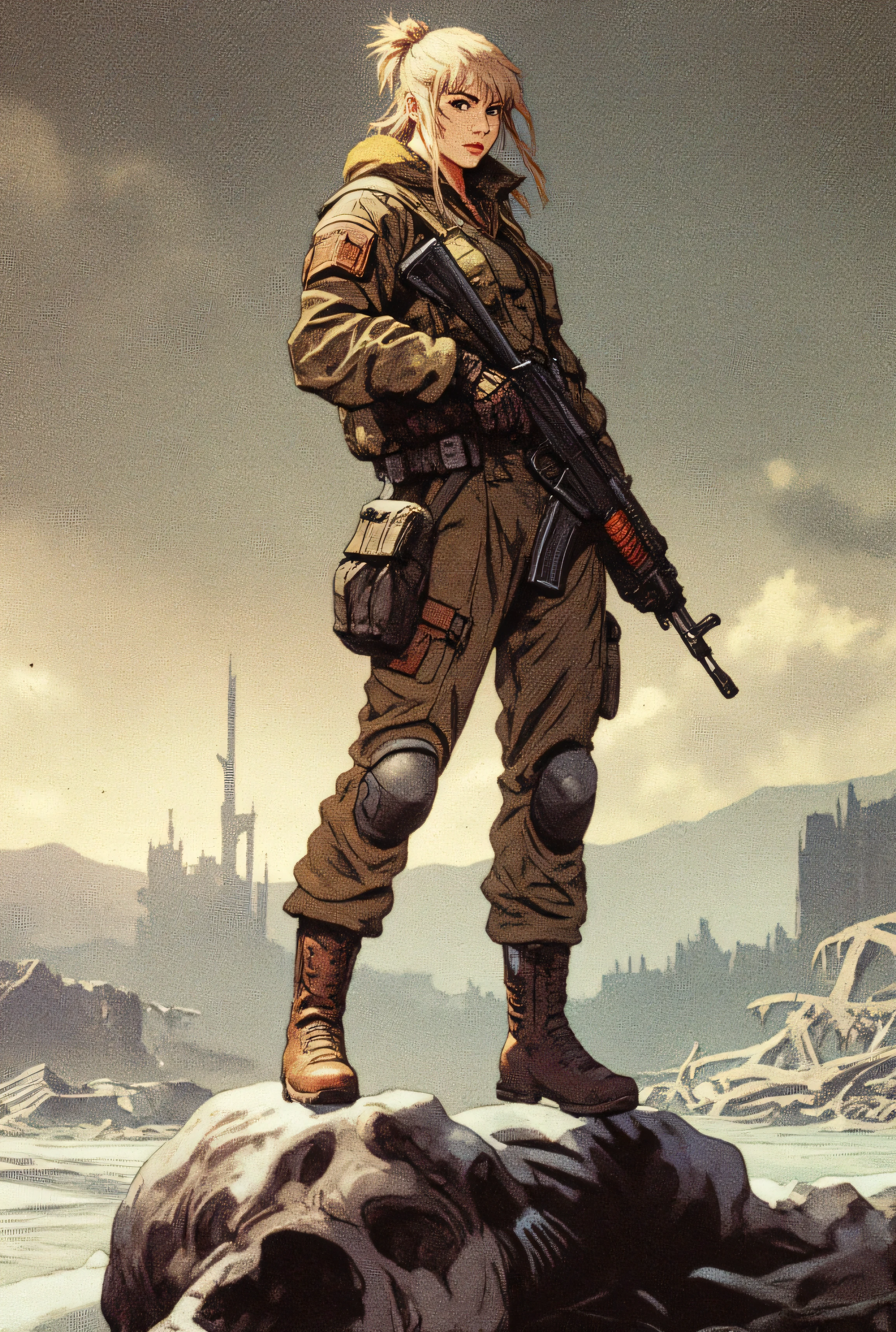 "Realistic post-apocalyptic illustration, in 4K quality, in an analog vintage photo style, with a high level of detail and drama. A young Caucasian woman with shaggy blonde hair tied back in a messy bun stands with an imposing presence. Her expression is fierce and determined. She wears worn, rugged clothing, with synthetic steel shoulder and knee pads, worn military boots, and reinforced gloves. She holds an AK-47 firmly, ready for battle.
The woman stands on a massive stone statue half-buried in mud, representing a fallen ancient dictator, whose features are eroded by time. The landscape is a frozen, radioactive wasteland, with damp earth covered in small weeds.
In the background, ruined buildings stand as witnesses to a perished world; burned, destroyed, and overgrown, suggesting the passage of decades since the fall of civilization. The sky is gray, cloudy, and speckled with particles. air, creating an oppressive and desolate atmosphere.
Cinematic lighting with cold lights and a soft warm light filtering through the clouds, highlighting the warrior's silhouette. The image conveys a powerful message of resilience, revolution, and a new beginning in a world in ruins.