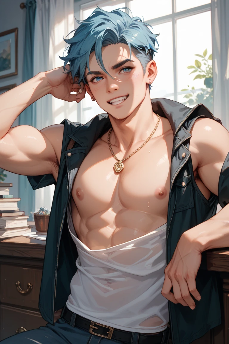 Japanese men、、Well-developed muscles and smooth skin、Fluffy, voluminous, bright green hair、Light blue boxer briefs、See your whole body from head to toe、Smiling friendly and warmly、Hero Academy、Posing on a sofa set
