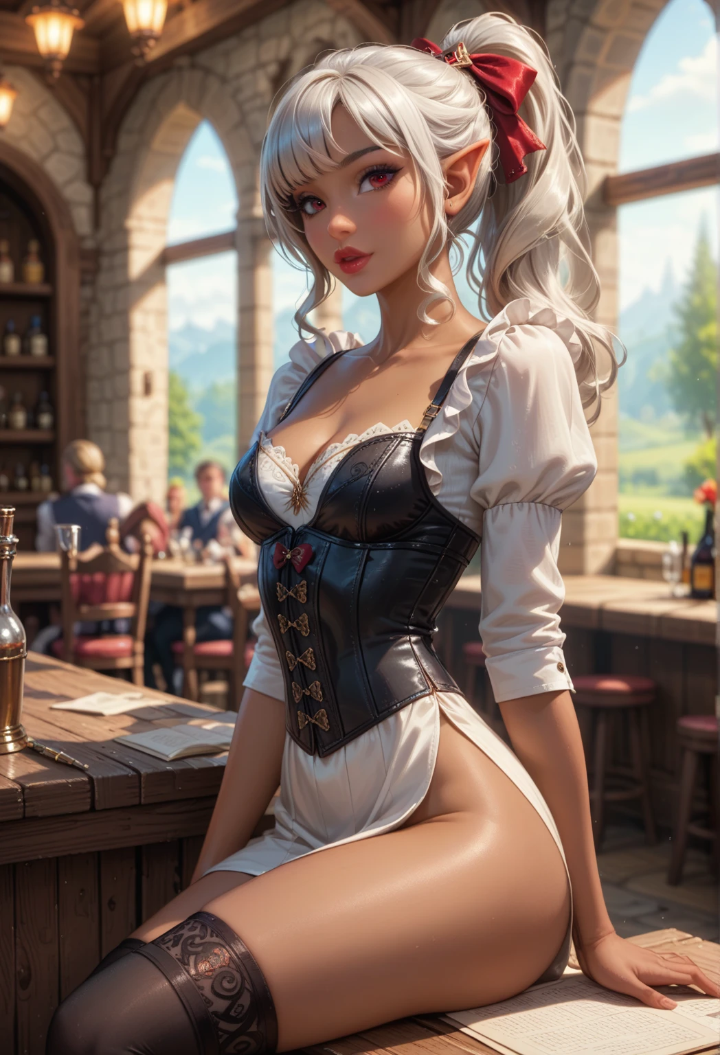 Blonde woman in corset holding beer in front of window, artwork in the style of Guweizu, Guweizu, drink beer, Guweizu on artstation pixiv, Guweizu on pixiv artstation, The best art station for fan art, drink beer, Guweizu masterpiece, very detailed artgerm, feature