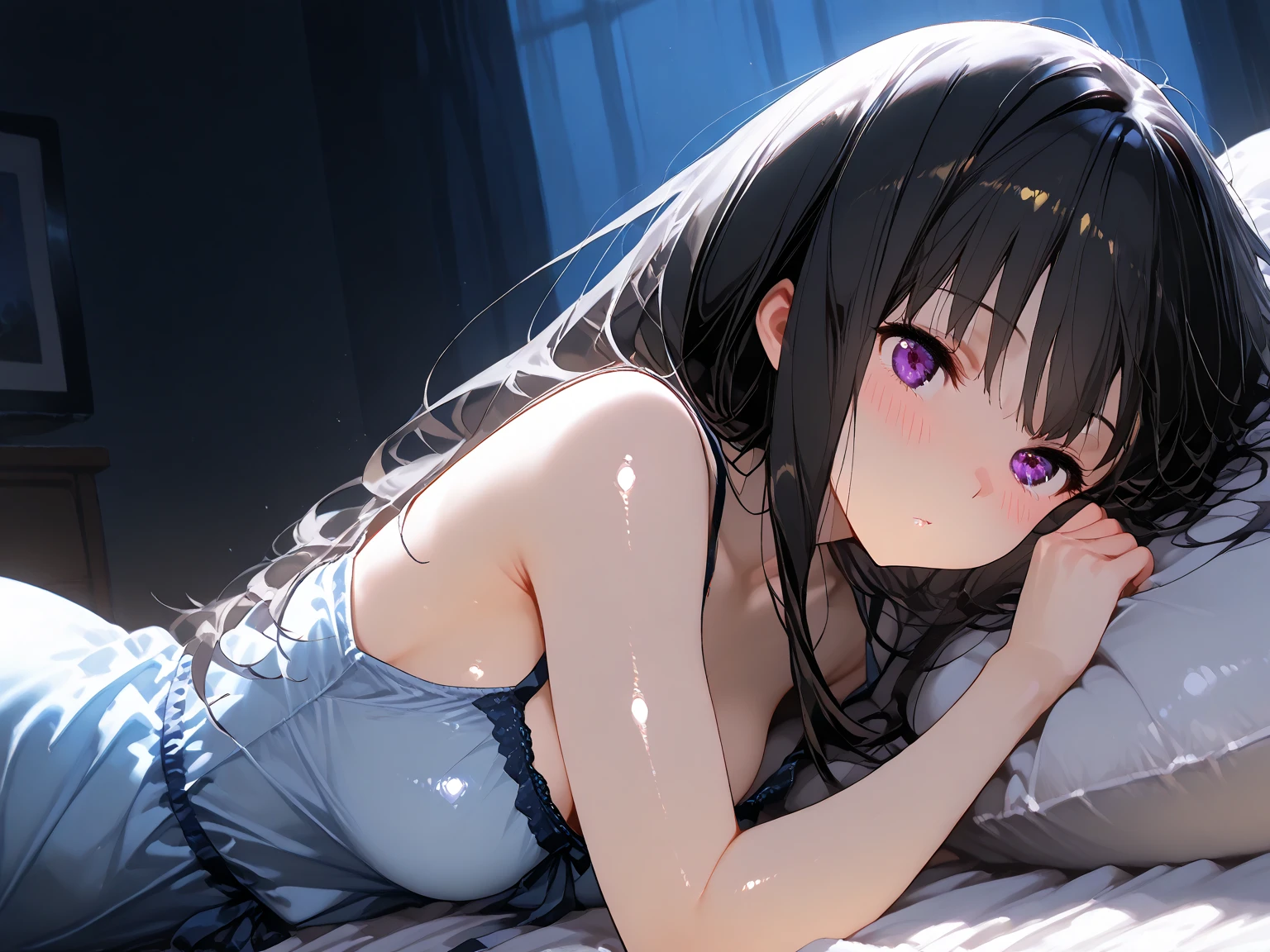bed, side view, night, moonlight, blue lighting((not human)),((background))