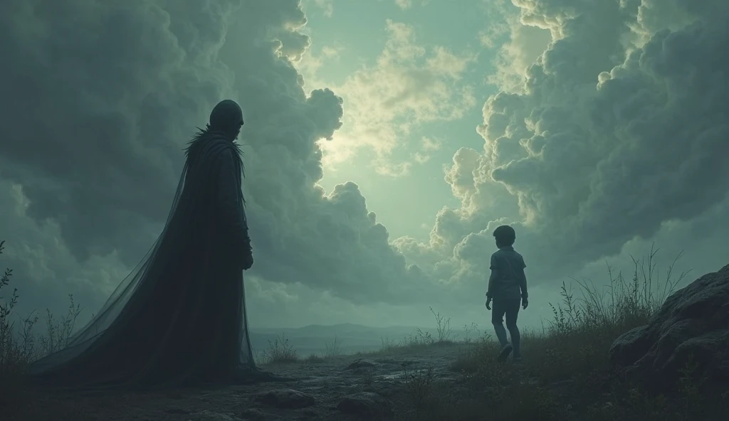 a man bending knees hold his son in his arm to protect from demons, uhd,8k, surrealism, super detailed 