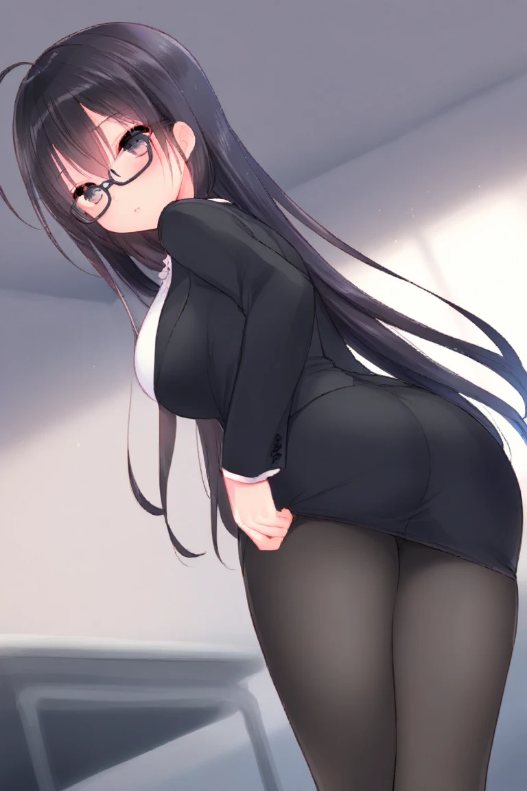 1girl, office, shirt, (angry), ((hourglass figure)), black tights, (from below), looking at viewer, ((thick thighs)), ((pussy))