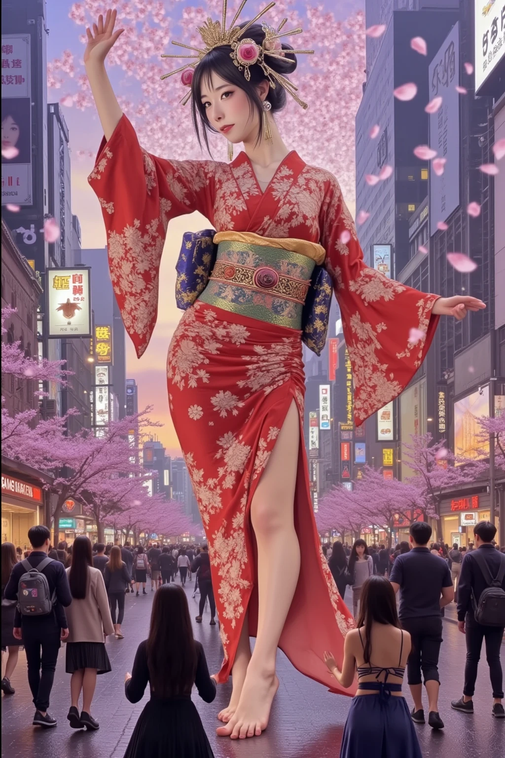A fifty-year-old woman in a kimono posing on a city street, In kimono, wear Kimono, Cosplay Photo, Shot with Canon EOS 5D Mark IV, Anime Girl Cosplay, Wearing a pink floral kitten, Japanese Goddess, Shot with a Canon 5D MK4, Glamorous and sexy geisha, Photographed with Canon 50mm F/1.2, wear Kimono