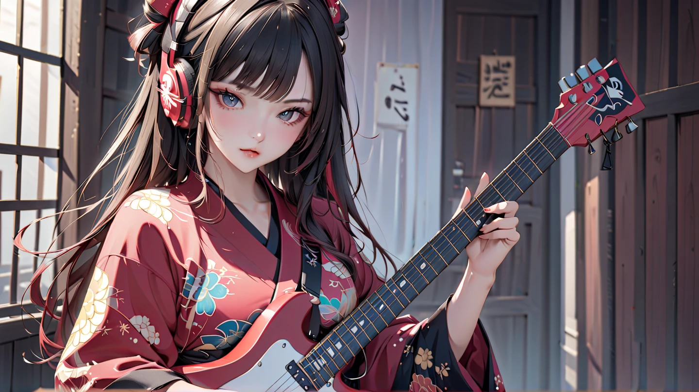 girl playing guiter, nice guiter, ((perfect guitar strings:1.3)), (((A girl wearing a kimono and playing an electric guitar))), (((Les paul)))、(((Full body shot))),(((Smaller chest))), (((Oiran Style)))、full bodyesbian、cowboy  shot、Ukiyo-e style courtesan style、ultra-detailliert、Beautifully Aesthetic、​masterpiece、top-quality、A detailed eye、Red eyes、(((Smaller chest)))、1girl in、独奏、looking at the viewers、blue eyess、A dark-haired、hair adornments、komono、kimono、makeups、lipsticks、hair stick、red kimono、kanzashi、layered clothes、Art parody、Anime, Illustration, Detailed skin texture, Detailed Cloth Texture, beautifull detailed face,、花魁、